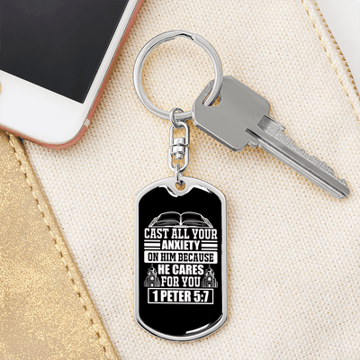 Because He Cares 1 Peter 5:7 Keychain Dog Tag Keyring - Dog Tag with Swivel Keychain