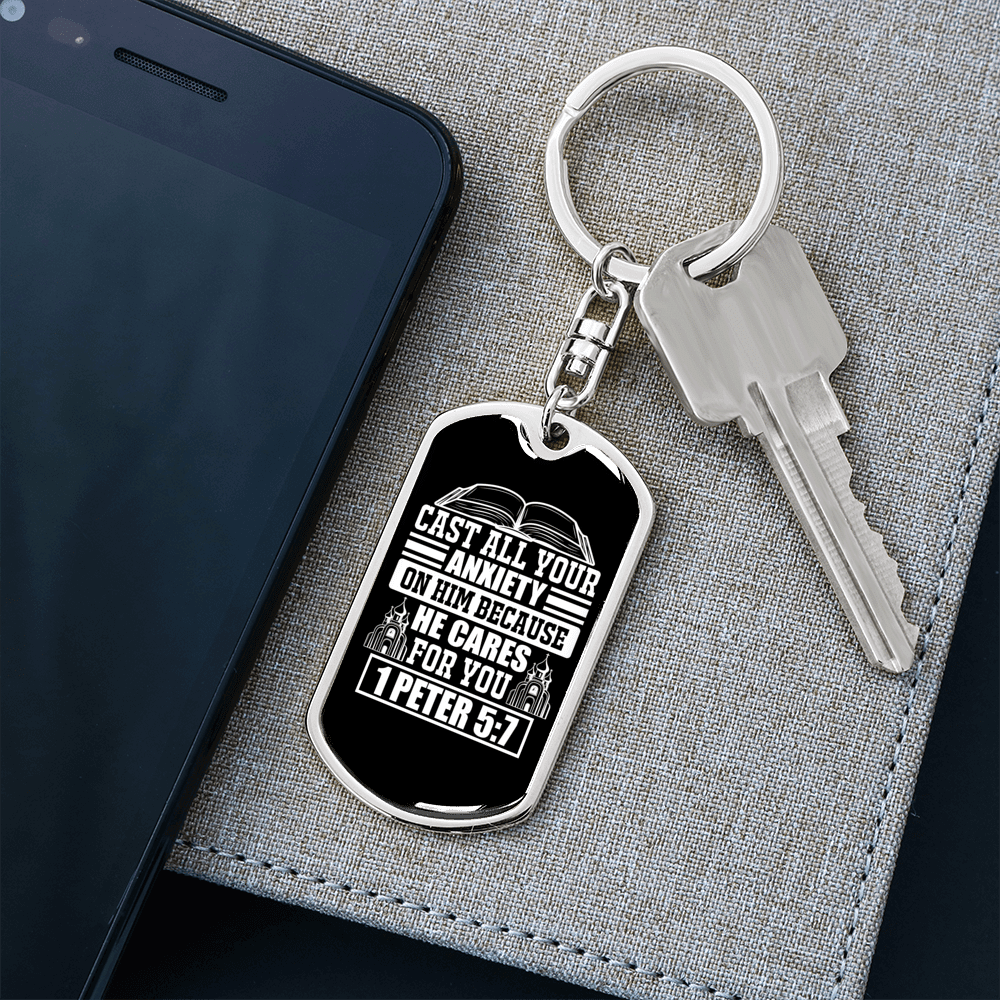 Because He Cares 1 Peter 5:7 Keychain Dog Tag Keyring - Dog Tag with Swivel Keychain