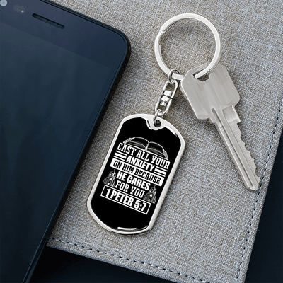 Because He Cares 1 Peter 5:7 Keychain Dog Tag Keyring - Dog Tag with Swivel Keychain