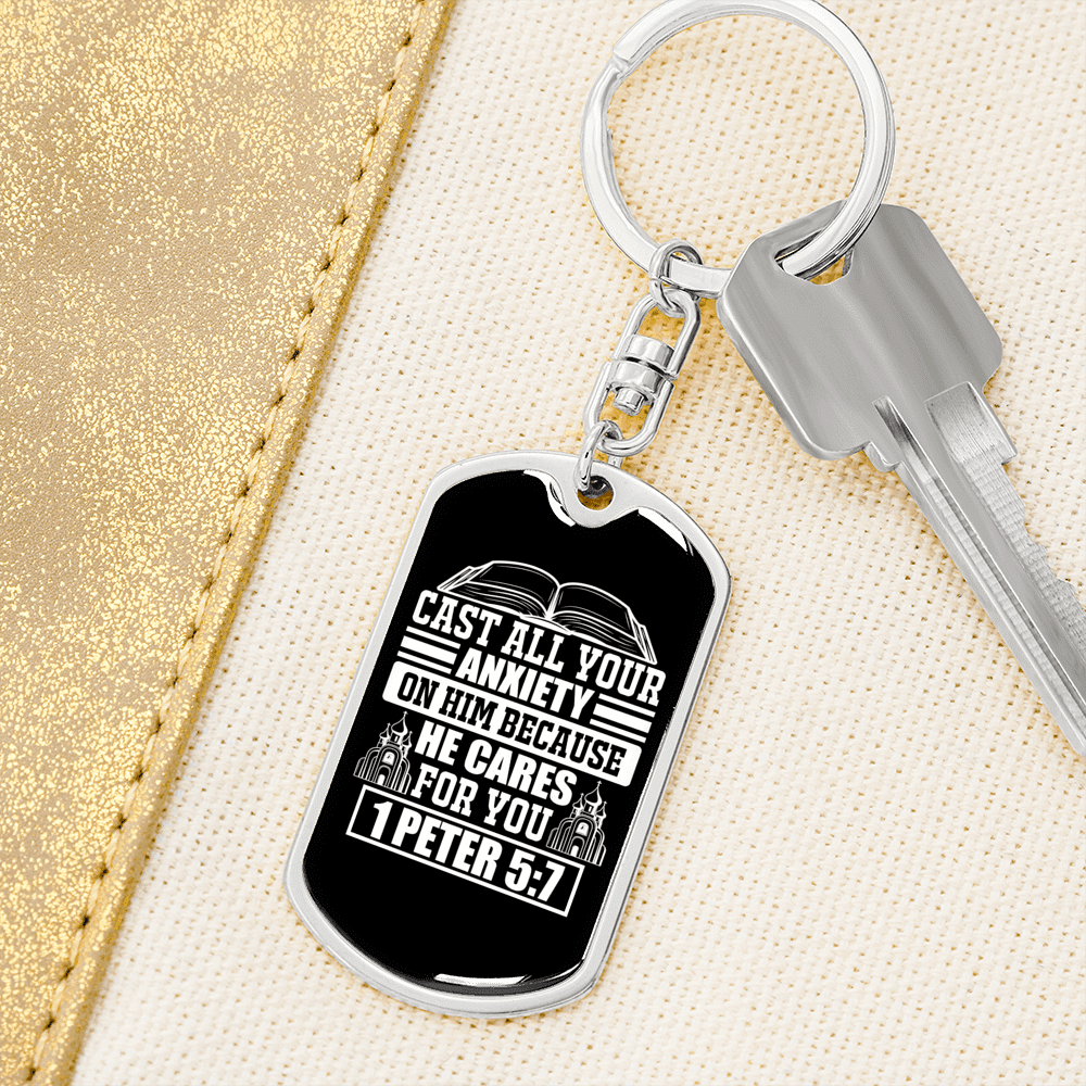 Because He Cares 1 Peter 5:7 Keychain Dog Tag Keyring - Dog Tag with Swivel Keychain