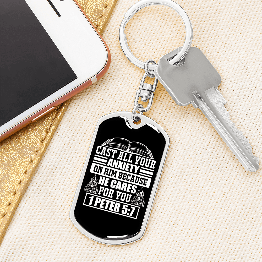 Because He Cares 1 Peter 5:7 Keychain Dog Tag Keyring - Dog Tag with Swivel Keychain