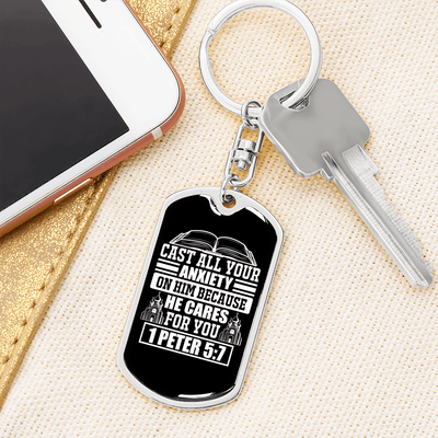 Because He Cares 1 Peter 5:7 Keychain Dog Tag Keyring - Dog Tag with Swivel Keychain