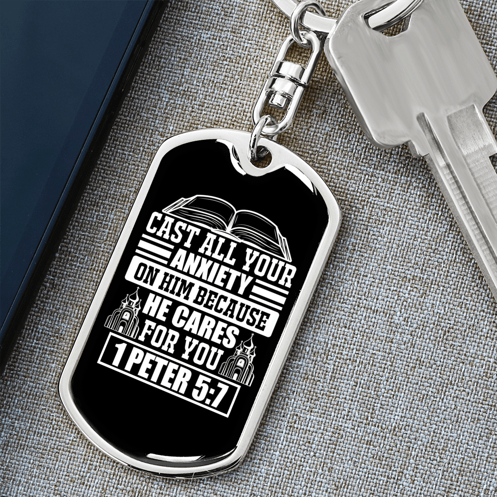 Because He Cares 1 Peter 5:7 Keychain Dog Tag Keyring - Dog Tag with Swivel Keychain