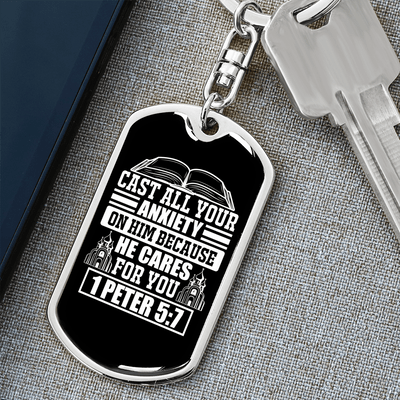 Because He Cares 1 Peter 5:7 Keychain Dog Tag Keyring - Dog Tag with Swivel Keychain