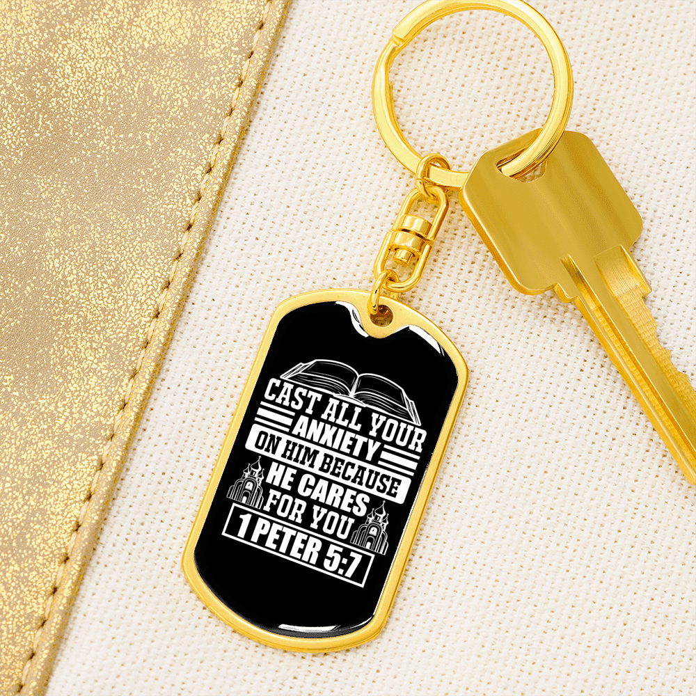 Because He Cares 1 Peter 5:7 Keychain Dog Tag Keyring - Dog Tag with Swivel Keychain