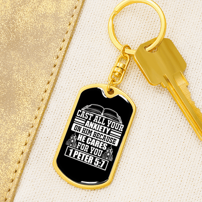 Because He Cares 1 Peter 5:7 Keychain Dog Tag Keyring - Dog Tag with Swivel Keychain