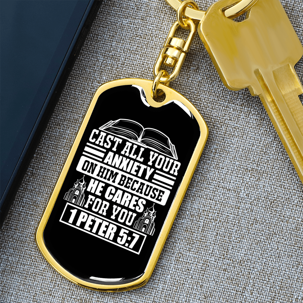 Because He Cares 1 Peter 5:7 Keychain Dog Tag Keyring - Dog Tag with Swivel Keychain