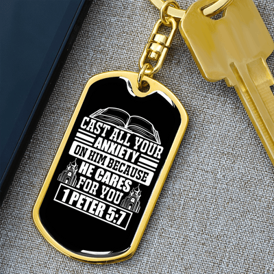 Because He Cares 1 Peter 5:7 Keychain Dog Tag Keyring - Dog Tag with Swivel Keychain