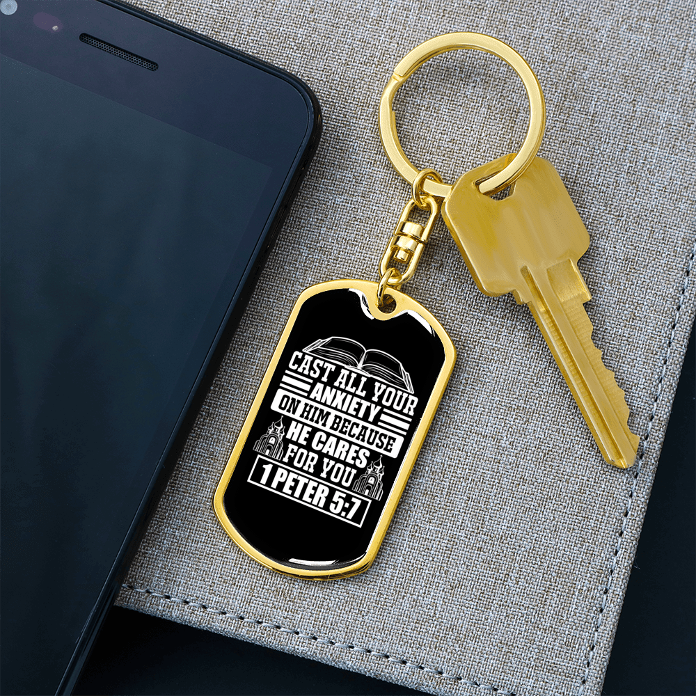 Because He Cares 1 Peter 5:7 Keychain Dog Tag Keyring - Dog Tag with Swivel Keychain