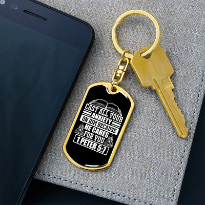 Because He Cares 1 Peter 5:7 Keychain Dog Tag Keyring - Dog Tag with Swivel Keychain