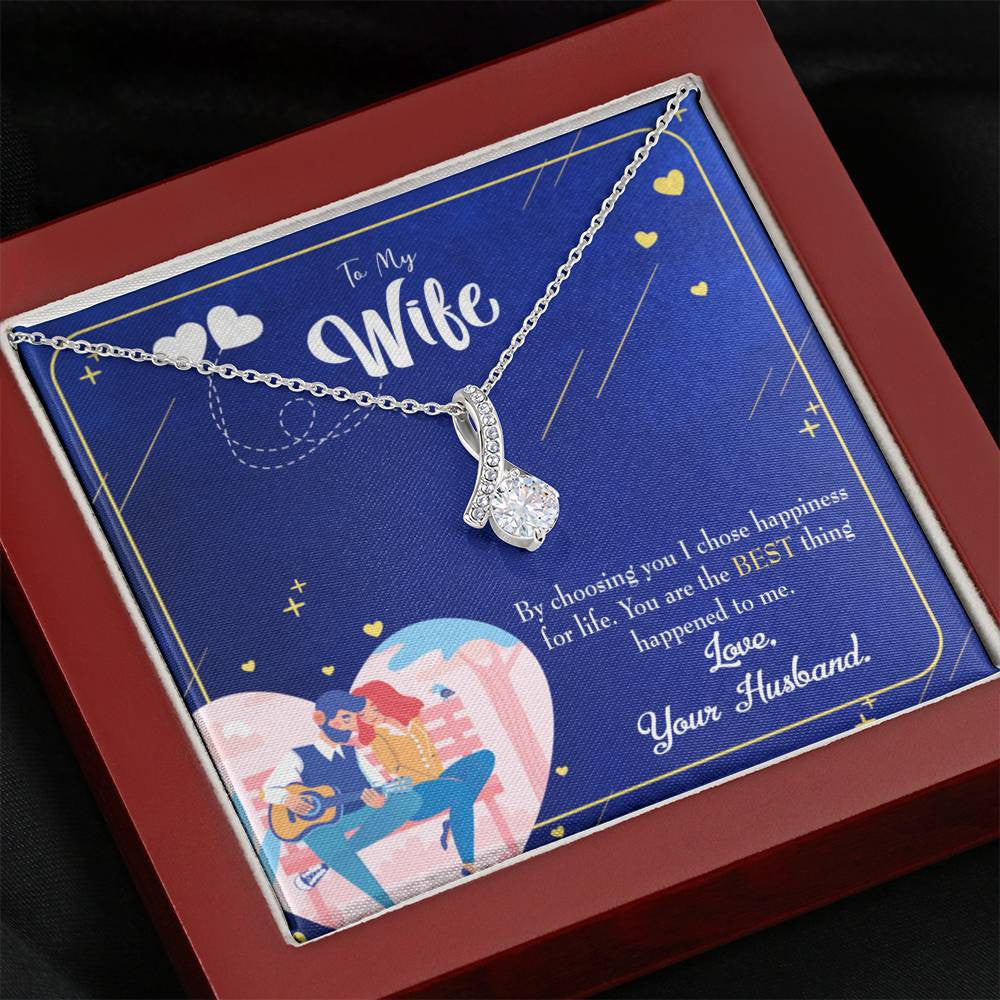 Gift For Wife I Chose Happiness Eternity Ribbon Stone Pendant 14K White Gold Stainless Steel Jewelry Gift - Alluring Beauty Necklace Gift For Her