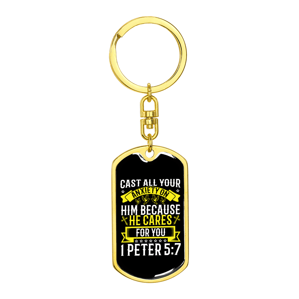 He Cares 1 Peter 5:7 Keychain Dog Tag Keyring - Dog Tag with Swivel Keychain