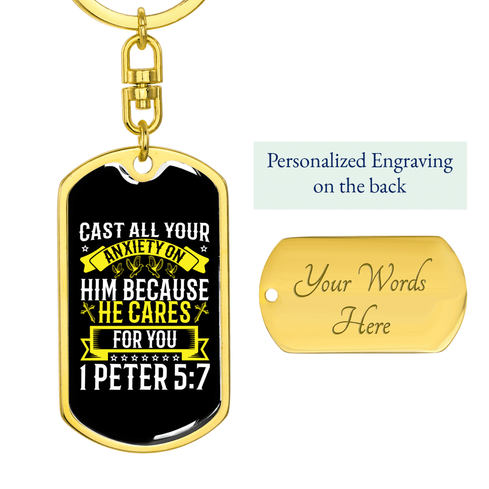 He Cares 1 Peter 5:7 Keychain Dog Tag Keyring - Dog Tag with Swivel Keychain