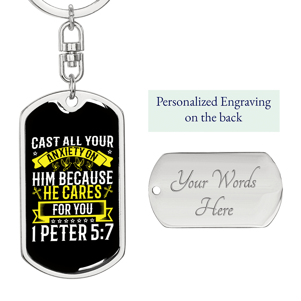 He Cares 1 Peter 5:7 Keychain Dog Tag Keyring - Dog Tag with Swivel Keychain