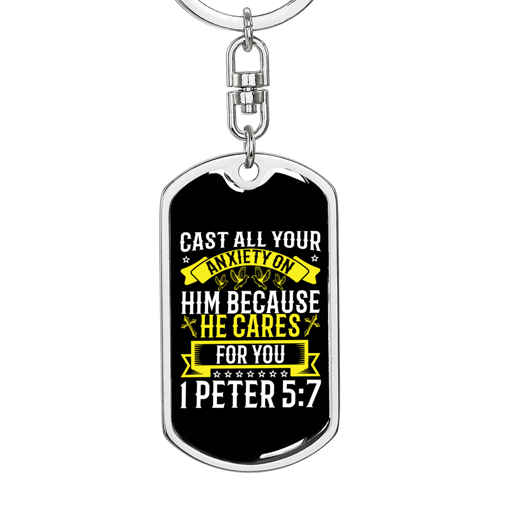 He Cares 1 Peter 5:7 Keychain Dog Tag Keyring - Dog Tag with Swivel Keychain