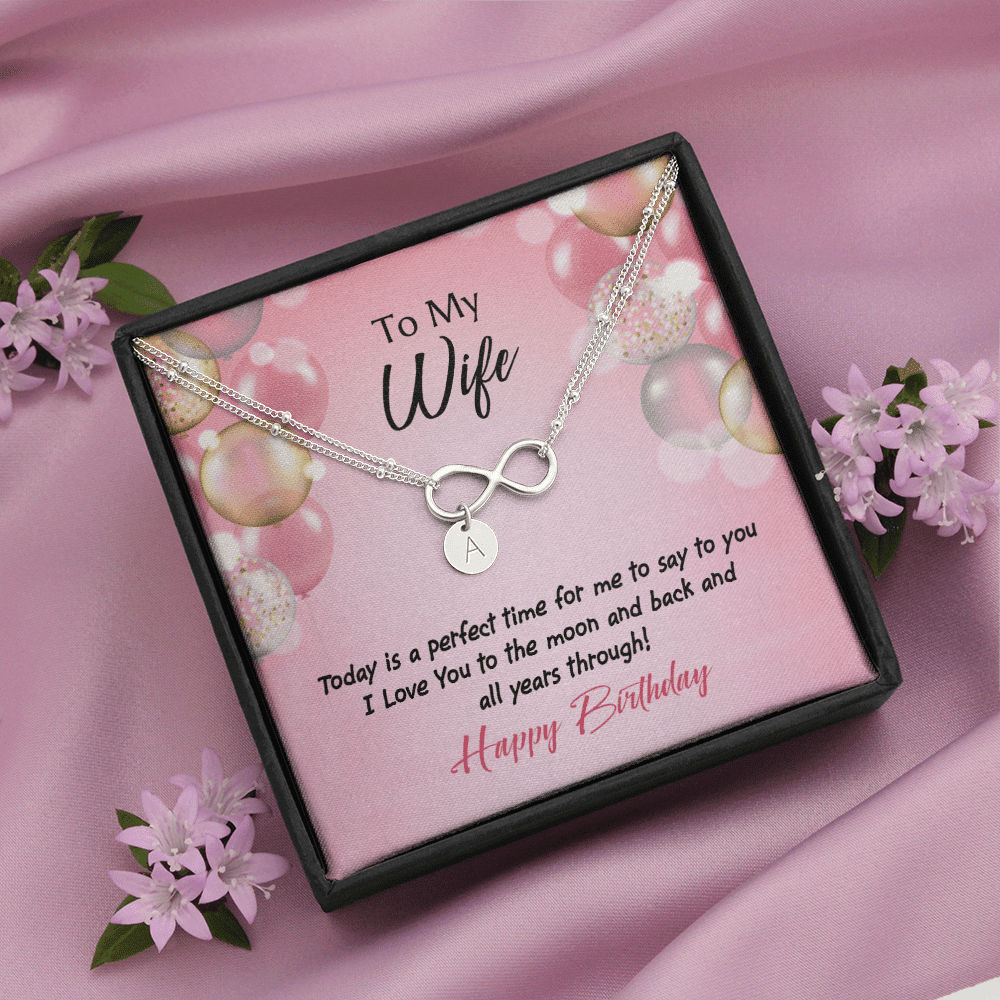 To My Wife Love You to Moon Birthday Infinity Bracelet With Initial Charms - Infinity Bracelet