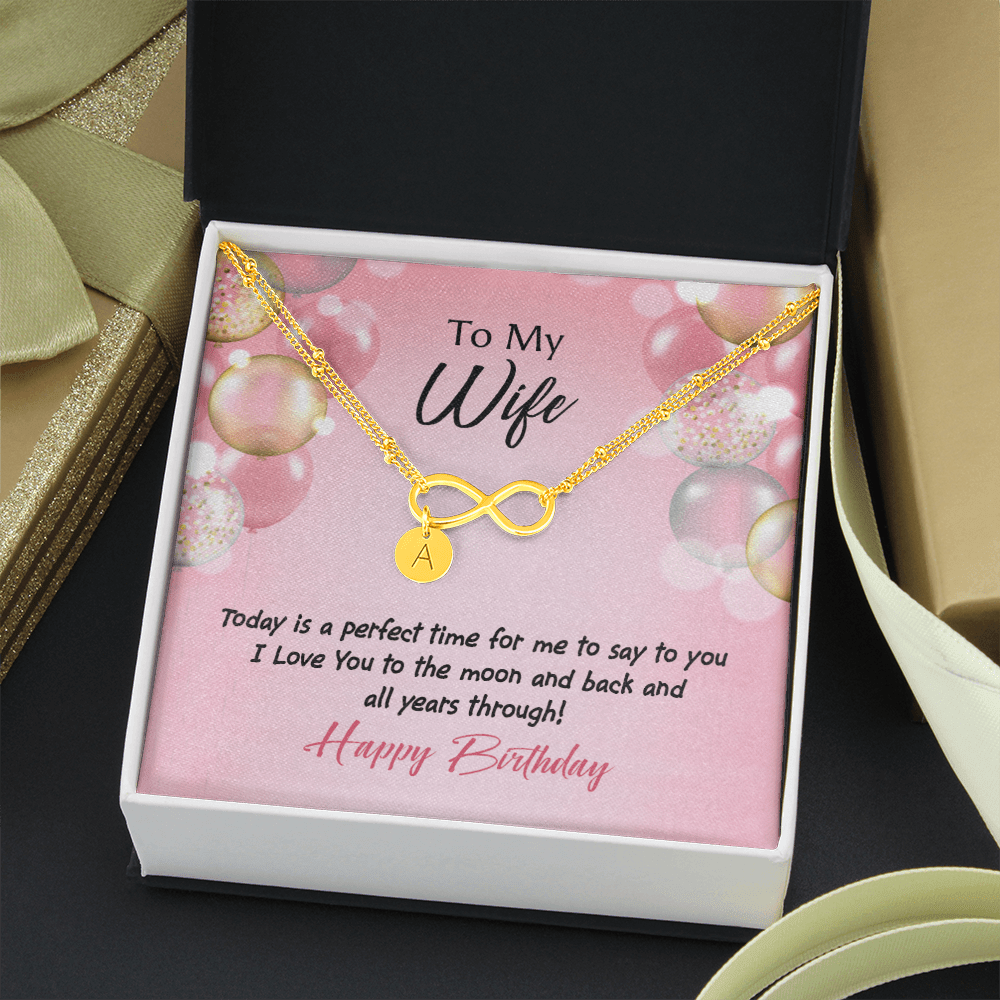 To My Wife Love You to Moon Birthday Infinity Bracelet With Initial Charms - Infinity Bracelet