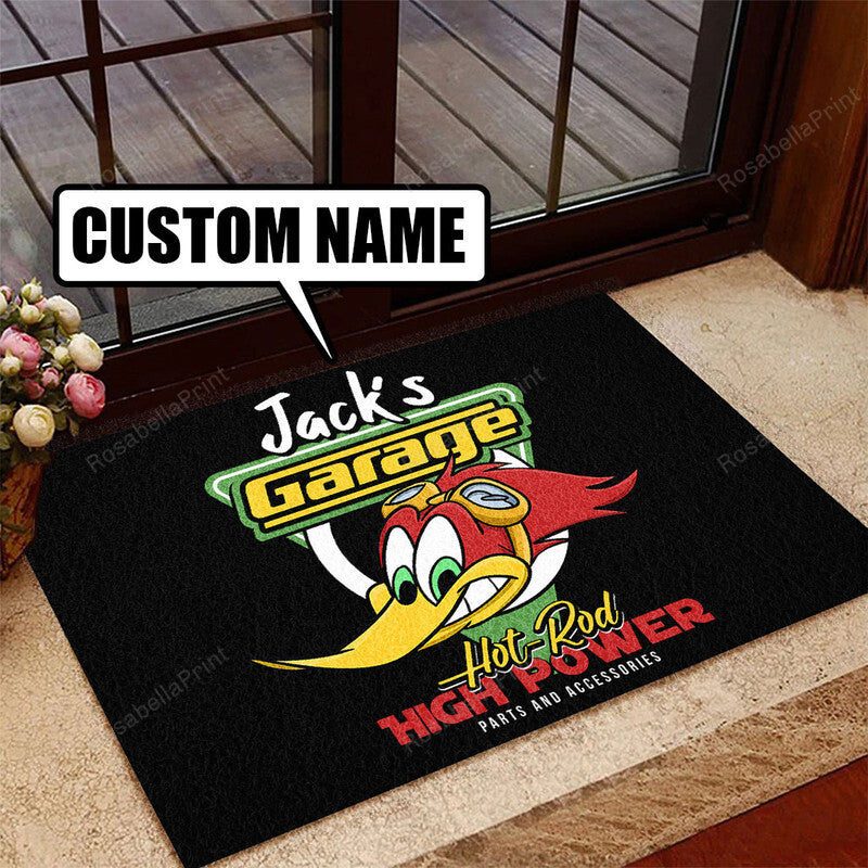 Personalized Hot Rod Garage Woodpecker Door Mat 08997 Indoor Outdoor Floor Mat Door Mats