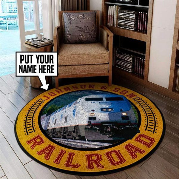 Personalized Railway Round Rug - Washable Outdoor Floor Mat