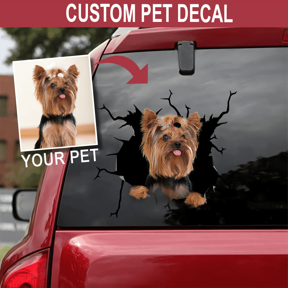 Personalized Your Pet Yorkshire Crack Decal, Funny Car Sticker For Window & Bumper