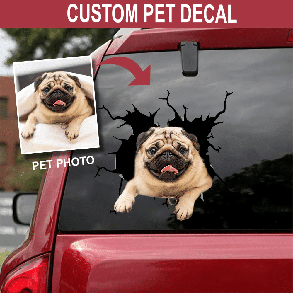 Personalized Your Pet Pug Crack Sticker, Funny Car Decal For Window & Bumper