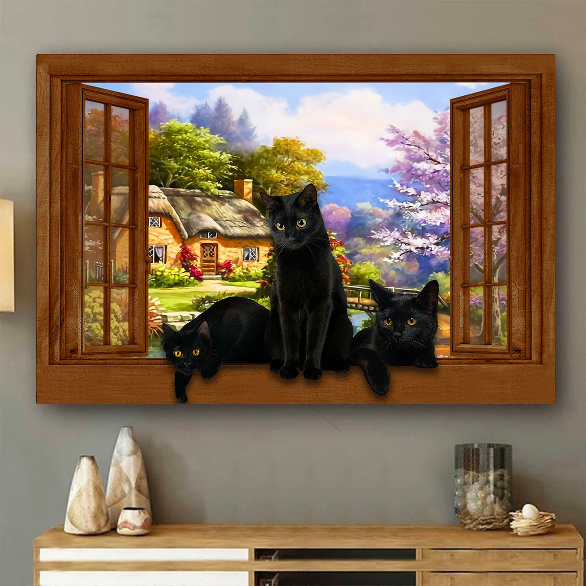 Black Cats 3D Window View Wall Decal, Peel And Stick Wall Mural