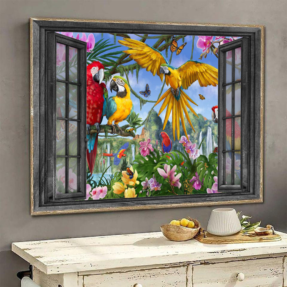 Blue And Gold Macaws Ara Macao Parrot 3D Wall Arts Painting Prints Home Decor Landscape Seen Through Window Scene Wall Mural, 3D Window Wall Decal, Window Wall Mural, Window Wall Sticker, Window Sticker Gift Idea