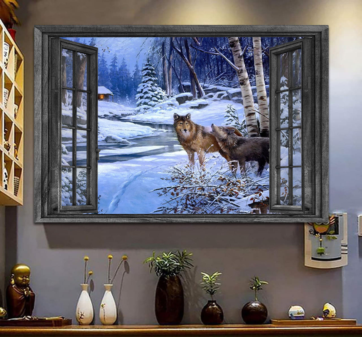 Wolf Couple 3D Window View Wall Decal, Peel And Stick Wall Mural