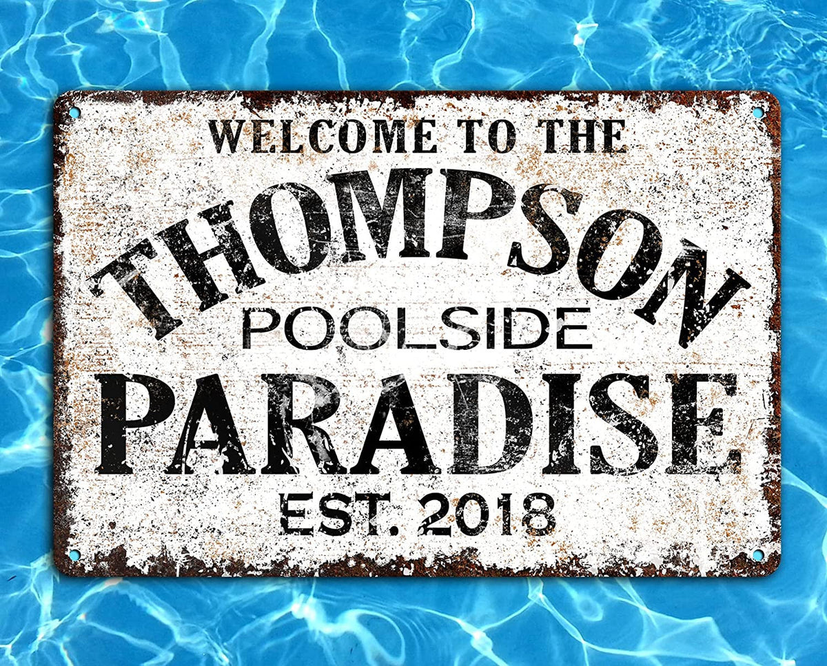 Personalized Custom Name Backyard Swimming Pool Paradise Metal Sign