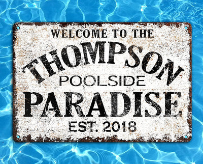 Personalized Custom Name Backyard Swimming Pool Paradise Metal Sign