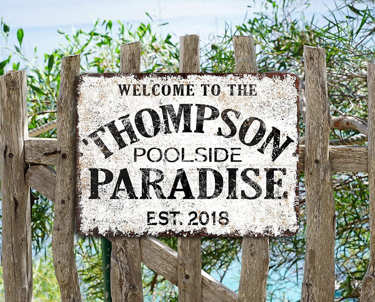 Personalized Custom Name Backyard Swimming Pool Paradise Metal Sign