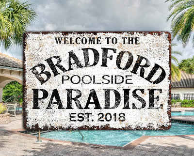 Personalized Custom Name Backyard Swimming Pool Paradise Metal Sign
