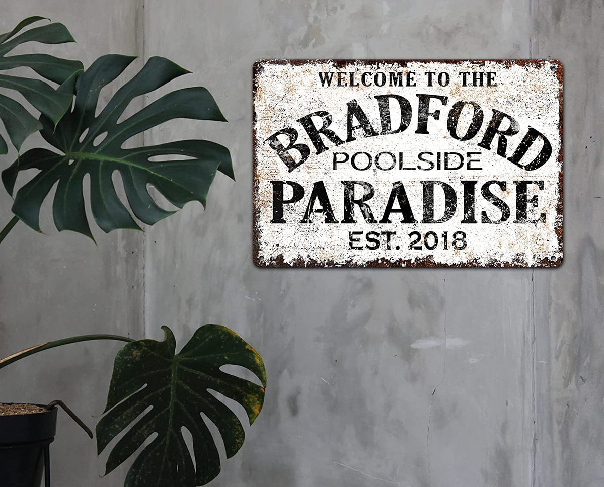 Personalized Custom Name Backyard Swimming Pool Paradise Metal Sign