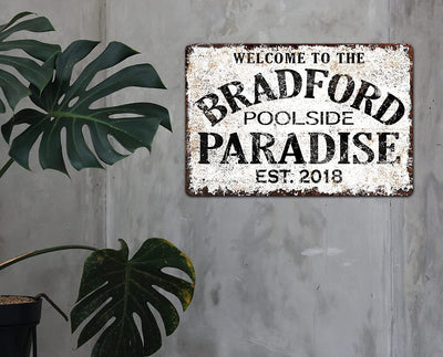 Personalized Custom Name Backyard Swimming Pool Paradise Metal Sign