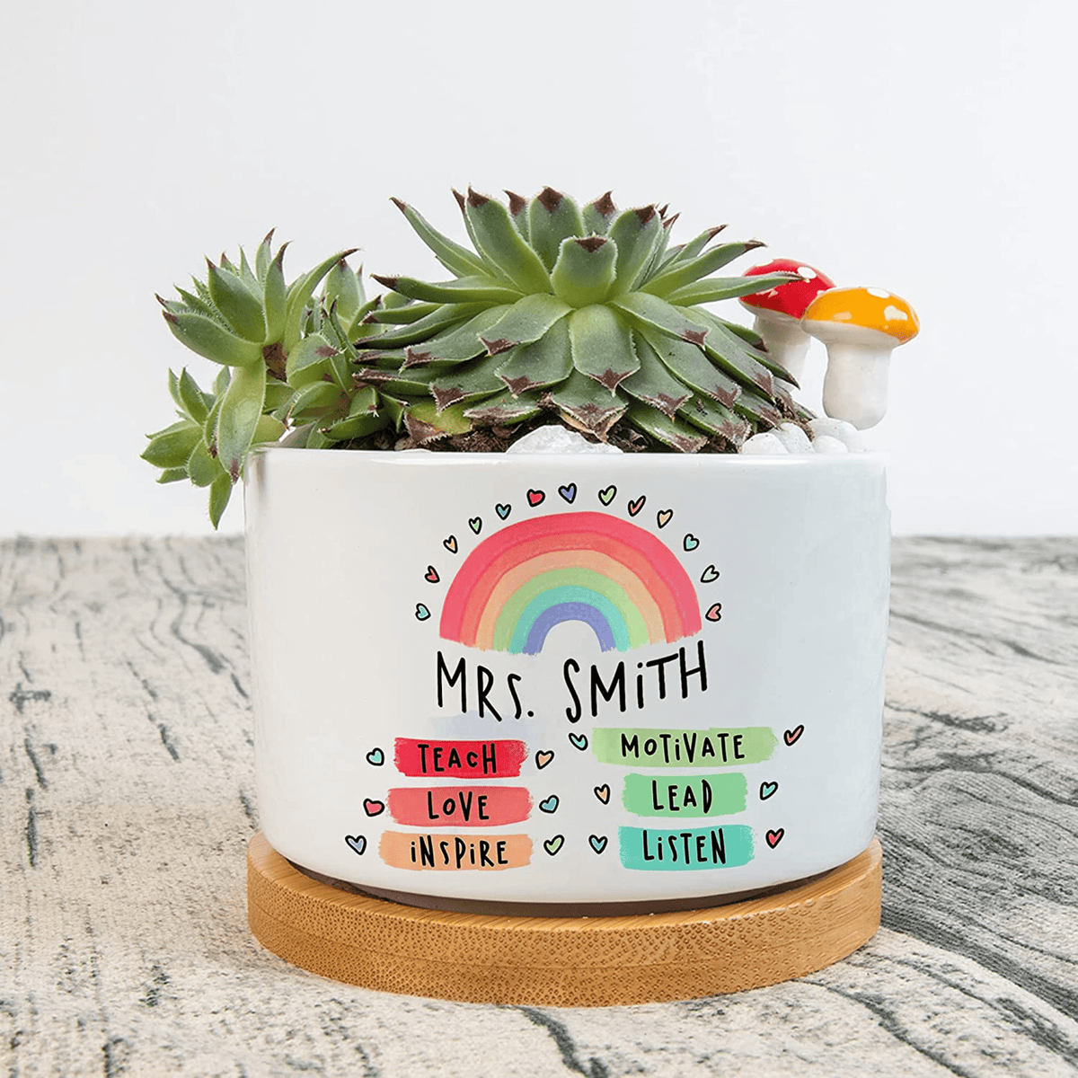 Personalized Teach Love Inspire Motivate lead listen Plant Pot, Plant Pot To Decorate The Desk, Rainbow Wreath Plant Pot, Gift For Teacher