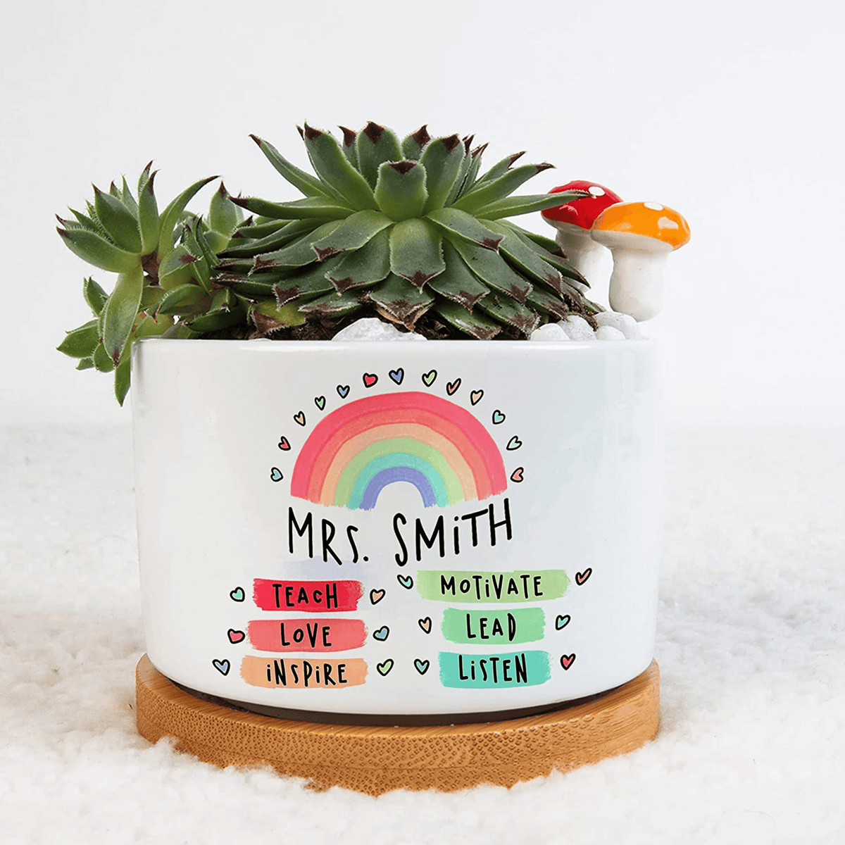 Personalized Teach Love Inspire Motivate lead listen Plant Pot, Plant Pot To Decorate The Desk, Rainbow Wreath Plant Pot, Gift For Teacher