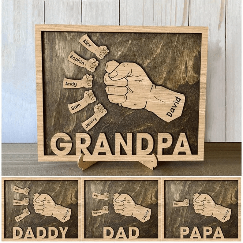 Personalized Dad and Kids Fist Bump With Name Engraving Wood Sign Gifts