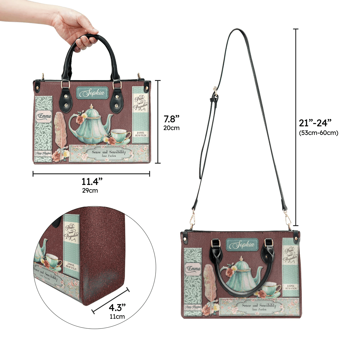 Personalized Handbags for Women , Jane Austen style, Libro Handbags Personalization, Leather Bag Gift