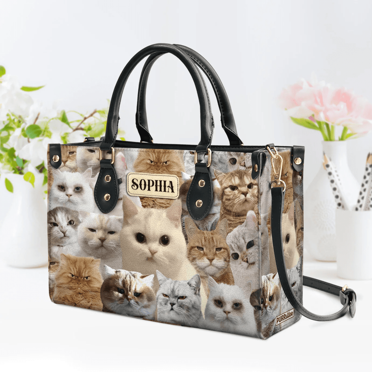 Personalized Handbags for Women, Express Your Love for Cats with Grumpy Black Cat Designs, Grumpy Cat, Leather Handbag for Women