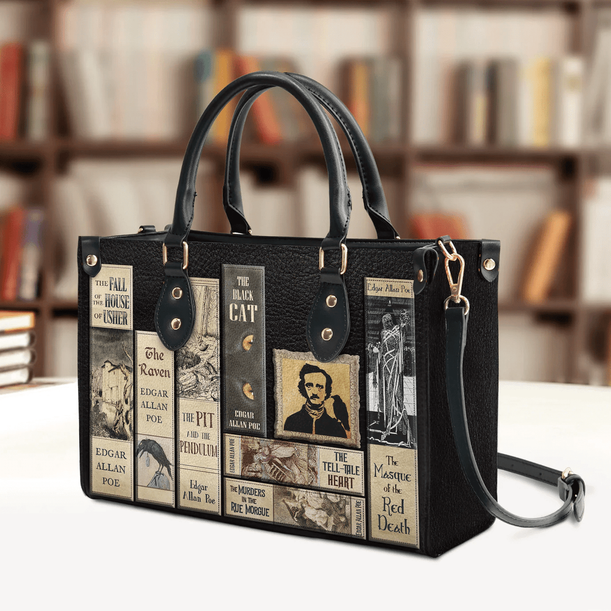 Custom Libro Handbags, Edgar Allan Poe, Leather Handbag for Women,