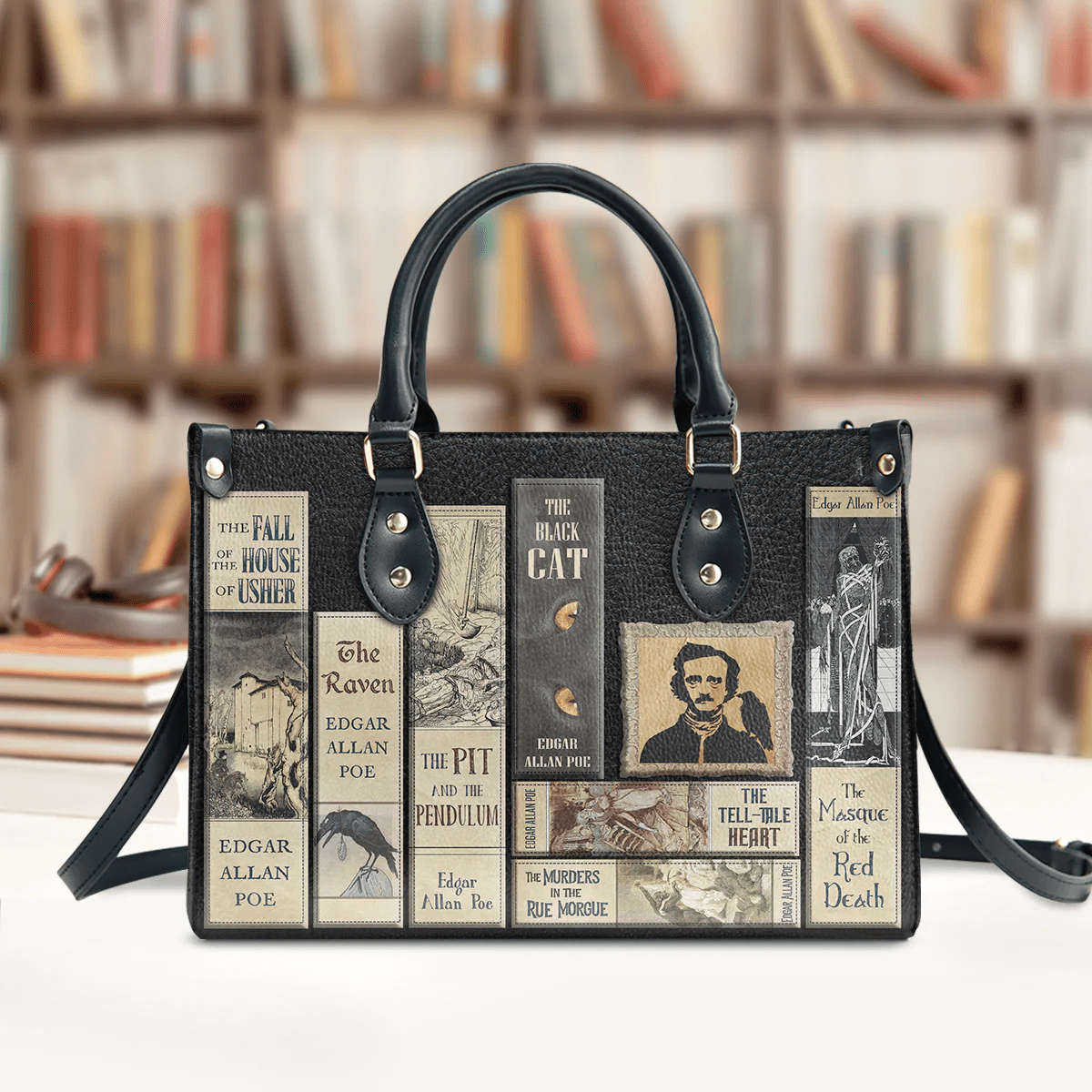 Custom Libro Handbags, Edgar Allan Poe, Leather Handbag for Women,