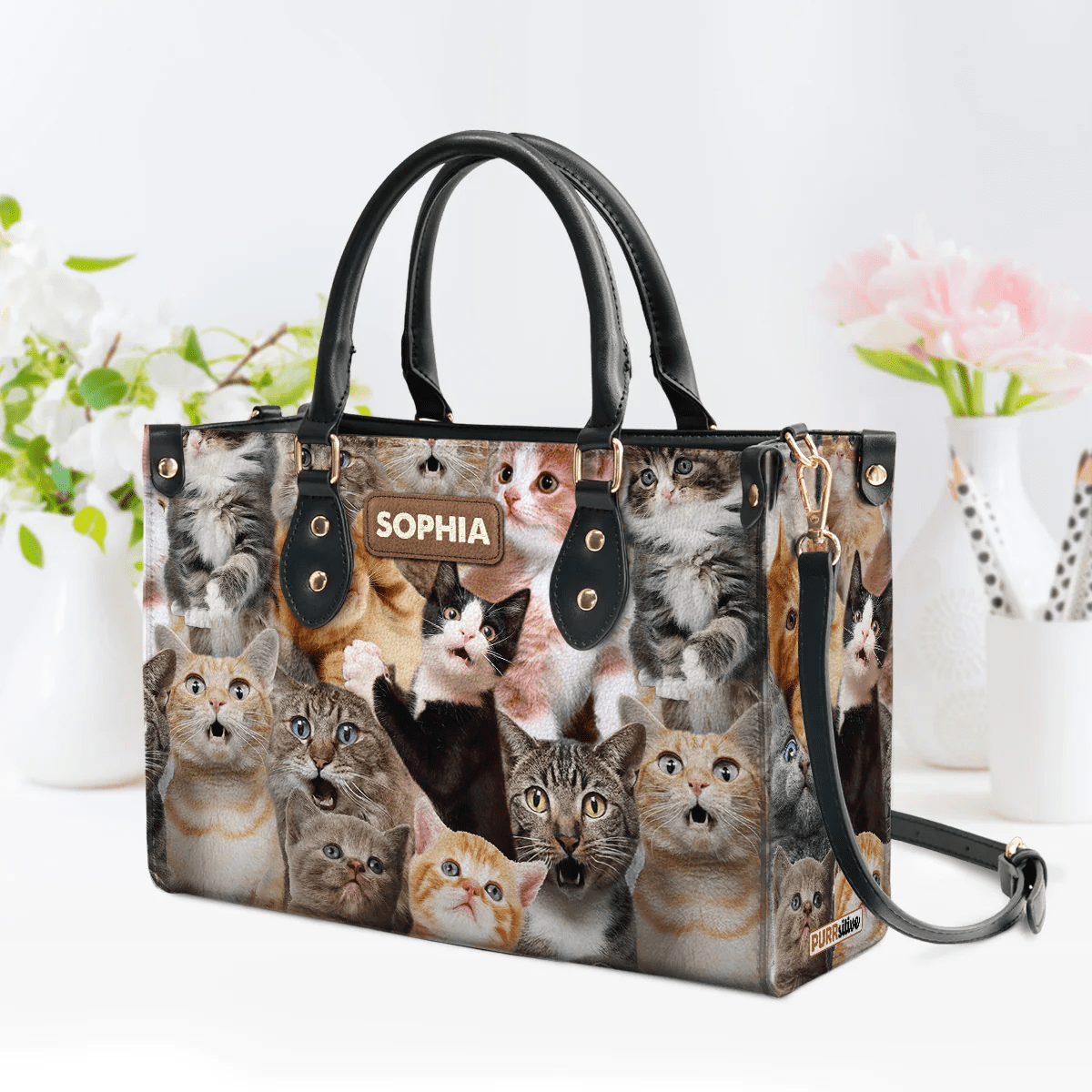 Custom Libro Handbags, Embrace the Spirit of Cat Faith, Funny Cat, Leather Handbag for Women