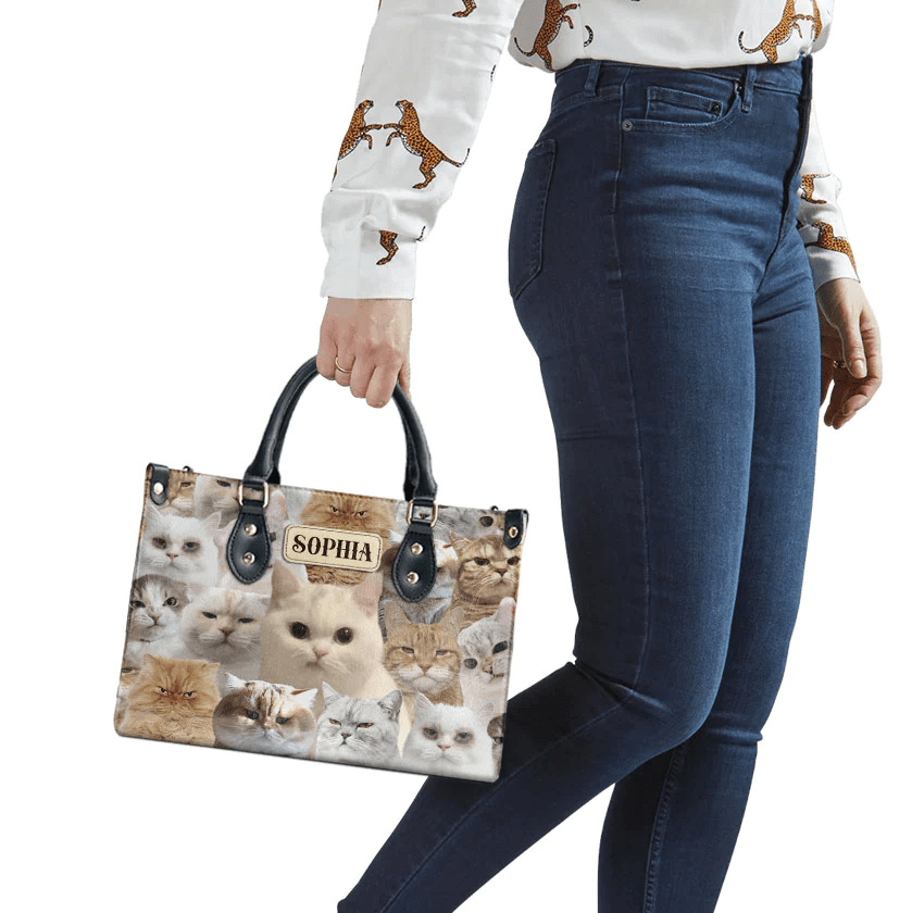 Personalized Handbags for Women, Express Your Love for Cats with Grumpy Black Cat Designs, Grumpy Cat, Leather Handbag for Women