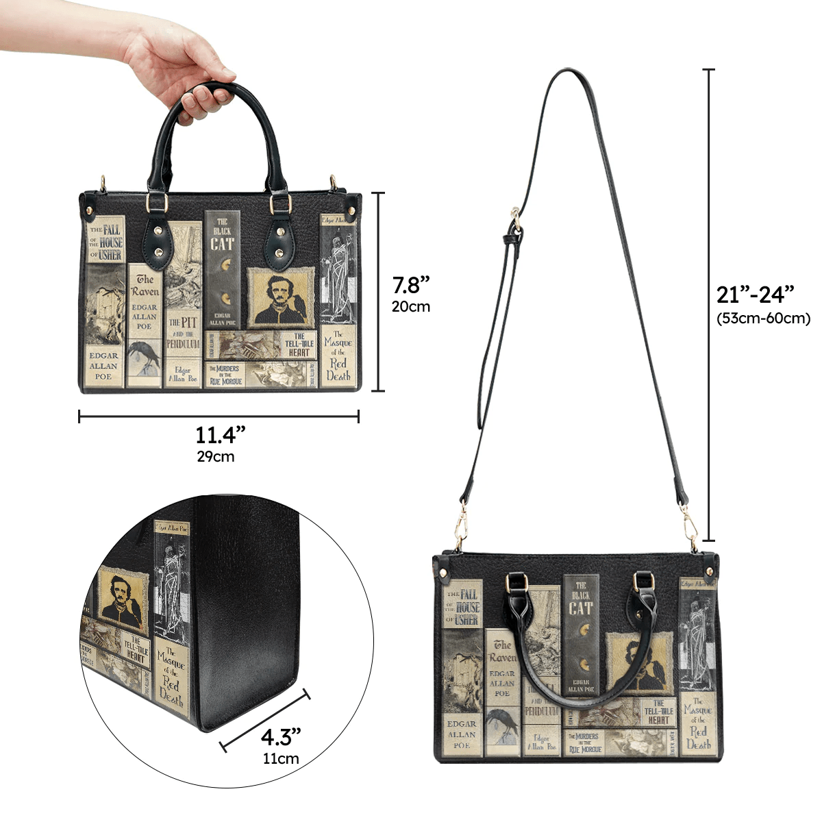 Custom Libro Handbags, Edgar Allan Poe, Leather Handbag for Women,