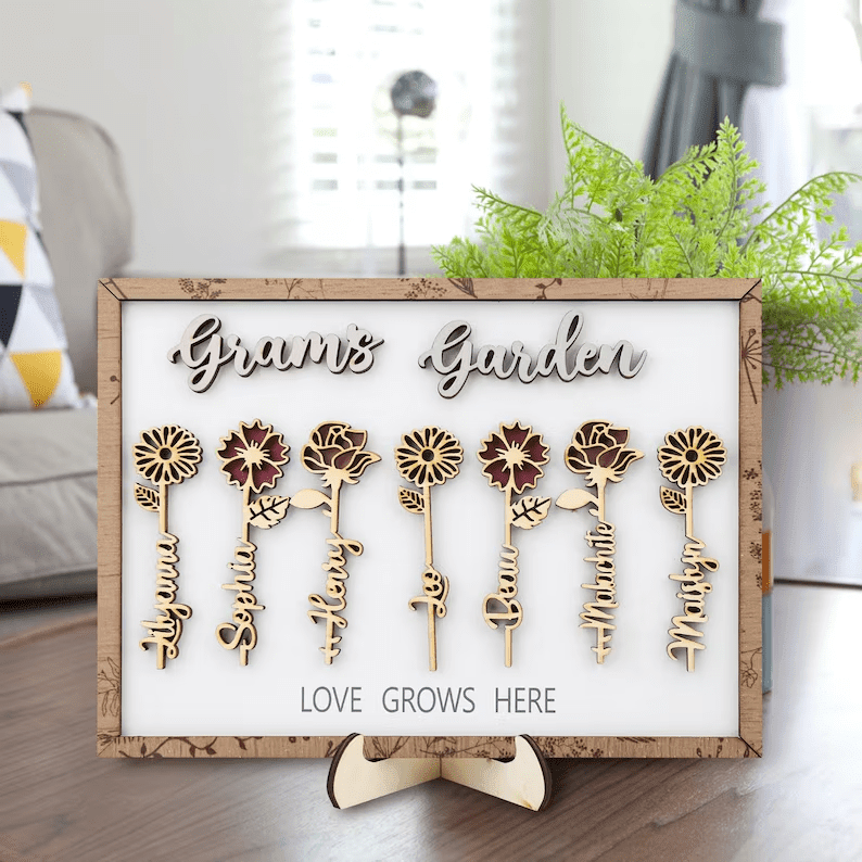 Personalized Grandma's Garden Engraved Sign, Birthday Flower Name Sign, Mothers Day Gift, Custom Wooden Signs, Flower Plaque, Birthday Gift