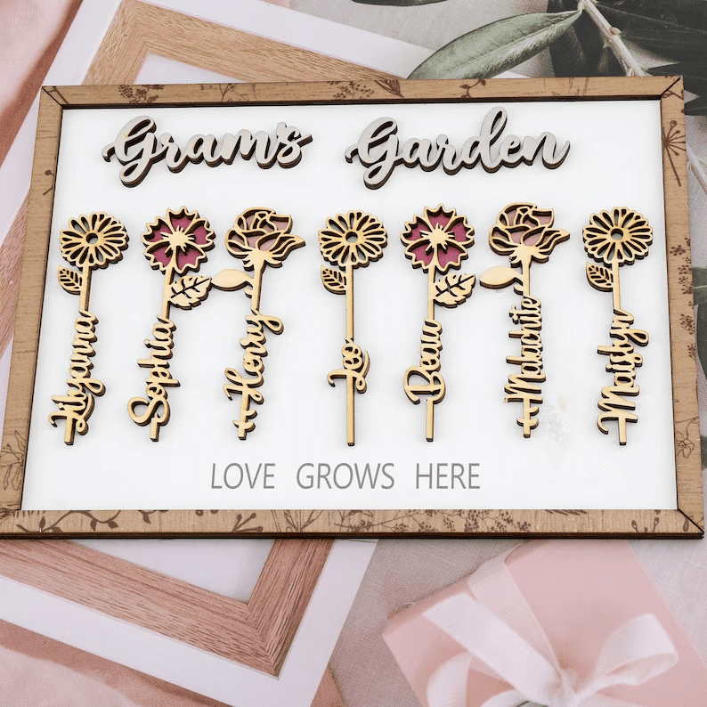 Personalized Grandma's Garden Engraved Sign, Birthday Flower Name Sign, Mothers Day Gift, Custom Wooden Signs, Flower Plaque, Birthday Gift