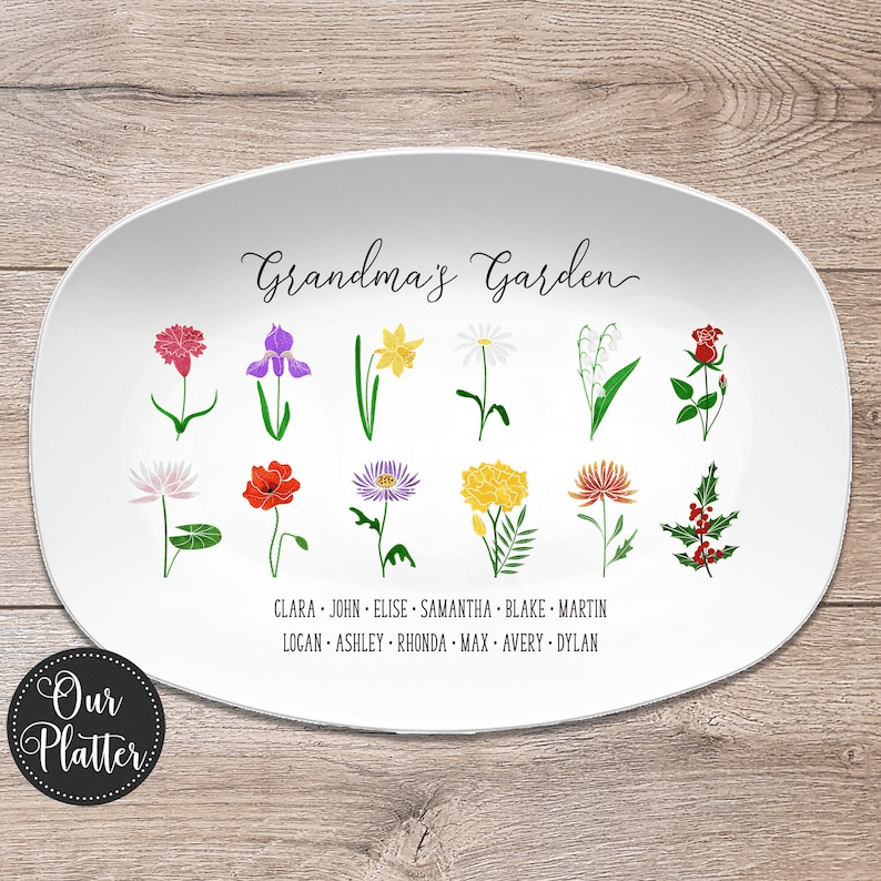 Personalized Birth Month Flower Family Platter, Custom Mother's Day Gift, Custom Dad Gift, Grandma's Garden, Grandparent Gift from kids