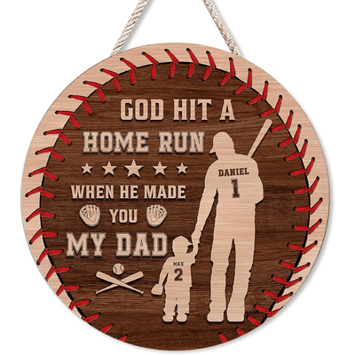 Personalized God Hit A Home Run When He Made You Our Dad Wooden Sign, Baseball Wooden Sign, Gift For Father's Day, Gift For Baseball Lovers