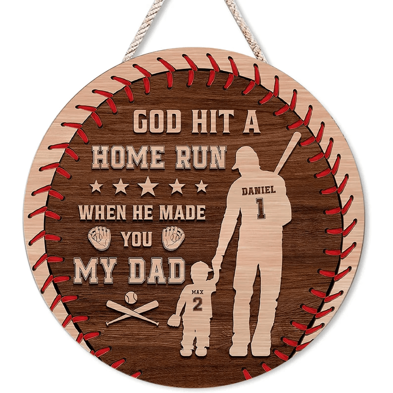 Personalized God Hit A Home Run When He Made You Our Dad Wooden Sign, Baseball Wooden Sign, Gift For Father's Day, Gift For Baseball Lovers
