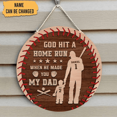 Personalized God Hit A Home Run When He Made You Our Dad Wooden Sign, Baseball Wooden Sign, Gift For Father's Day, Gift For Baseball Lovers